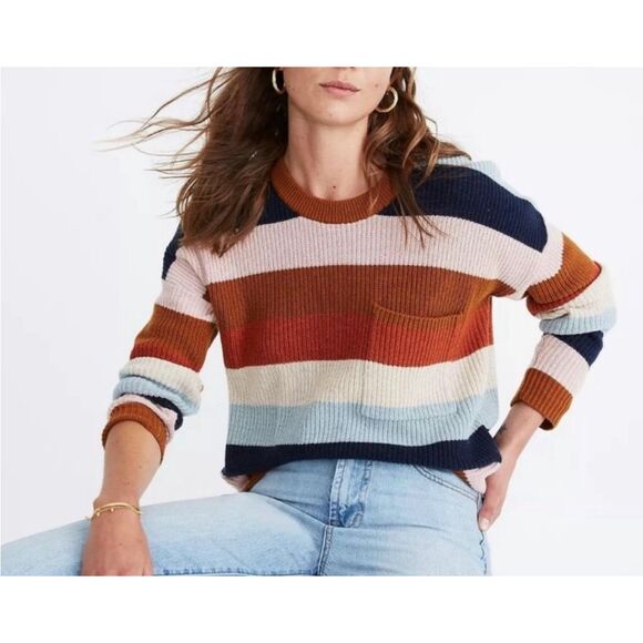 Madewell Thompson Striped Colorblock Crewneck Pocket Sweater‎ Cotton Cozy  XS - Picture 1 of 11